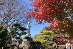 本堂前にある観音像と紅葉